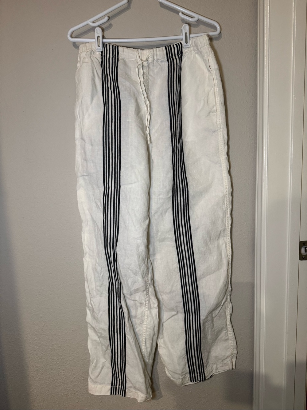 Madewell White Linen Pants with Black Vertical Stripe Detail